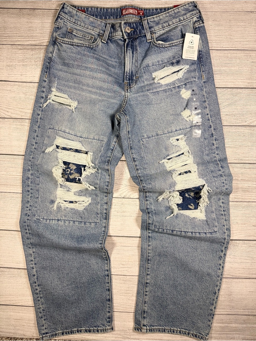 Lucky Brand Light Blue Distressed Wide-Leg Jeans with Floral Patchwork